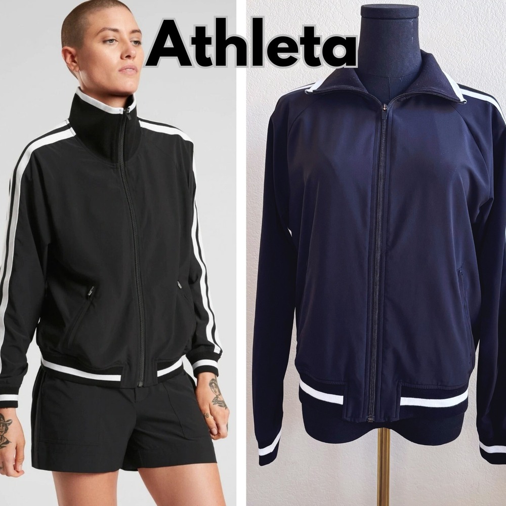 Athleta XS Black Track Jacket Full Zip Athletic Activewear White Stripe